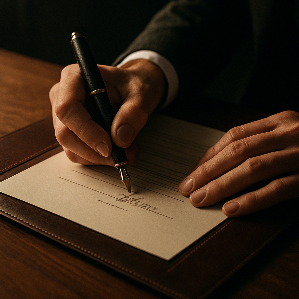 A signed engagement letter on a walnut desk